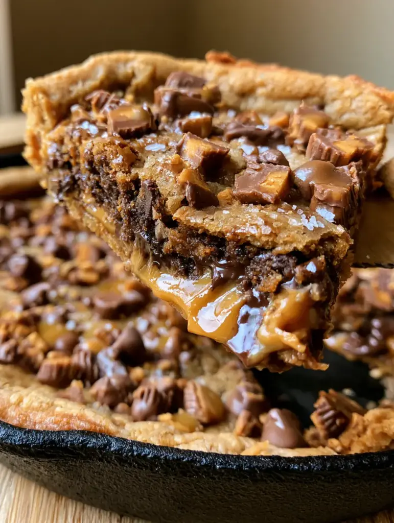 Peanut Butter Chocolate Chip Cookie Pizza: The Ultimate Gooey Skillet Dessert 1 A thick slice of peanut butter chocolate chip cookie pizza being pulled from a black cast iron skillet, revealing a molten center and toasted peanut toppings.