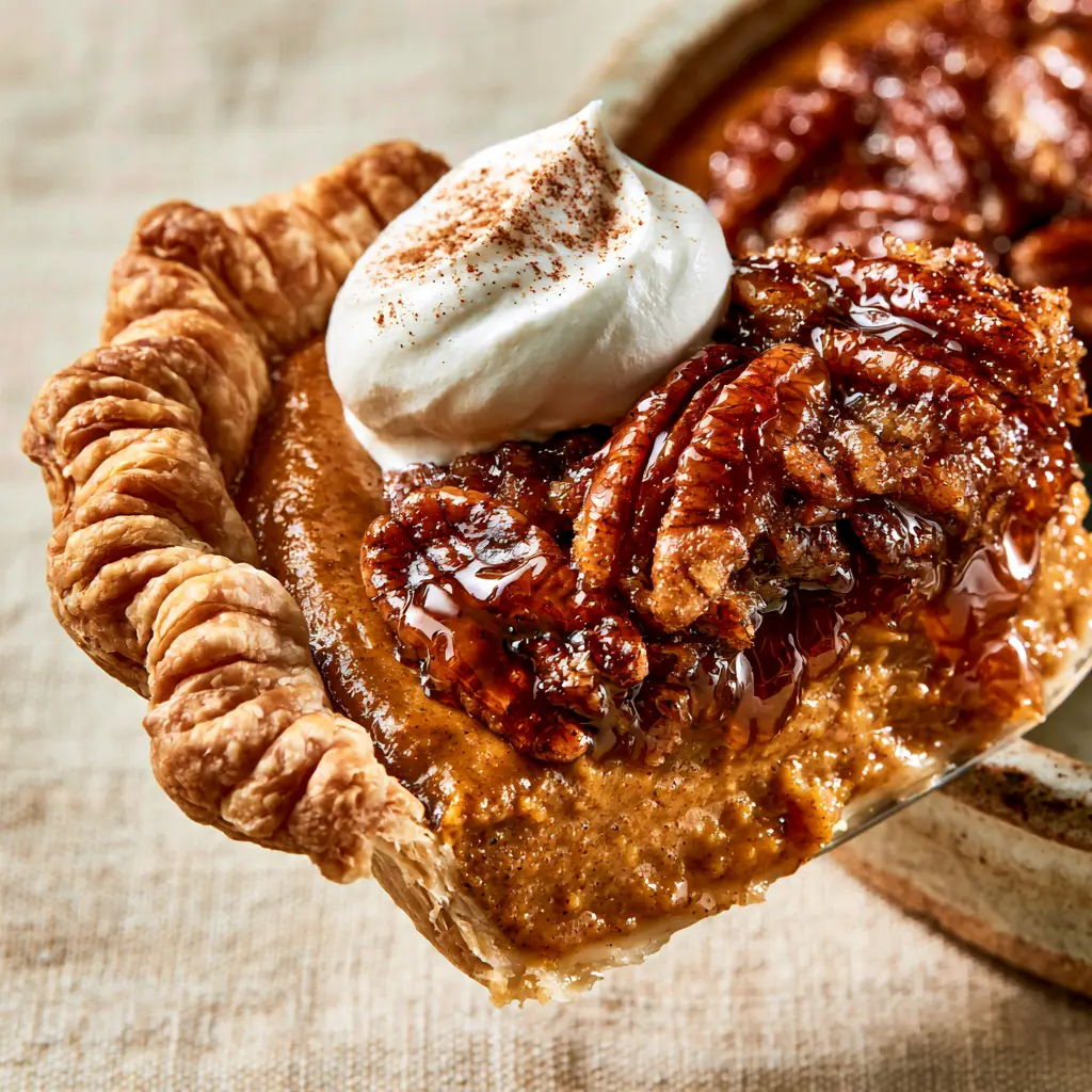 Thanksgiving Pie Recipes: The Ultimate Maple Pecan Pumpkin Fusion 1 A glossy amber maple glaze coating toasted pecan halves on top of a pumpkin pie custard.
