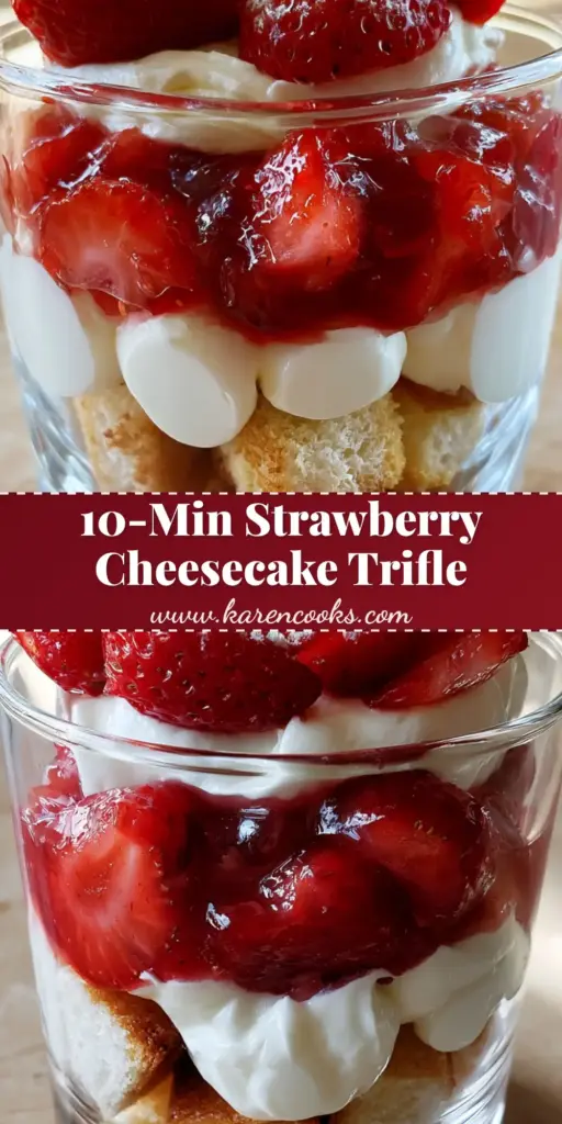 A close-up eye-level photo of a Strawberry Cheesecake Trifle in a crystal glass showing layers of toasted cake, white cream, and ruby compote.