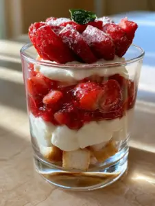 Close-up of a Strawberry Cheesecake Trifle with dolloped edges of stark-white cream and glistening red strawberry compote.