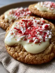 Thick and chewy White Chocolate Candy Cane Cookies with golden-brown edges and vibrant peppermint toppings.