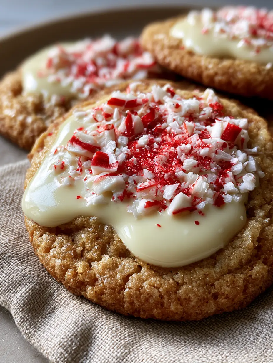 White Chocolate Candy Cane Cookies with Soft-Baked Peppermint Shards 3 Thick and chewy White Chocolate Candy Cane Cookies with golden-brown edges and vibrant peppermint toppings.