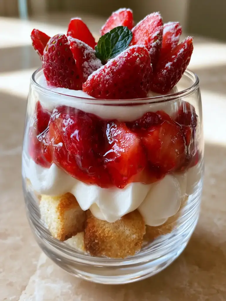 Individual Strawberry Cheesecake Trifle served in a pristine modern heavy-bottomed crystal tumbler glass on a marble countertop.