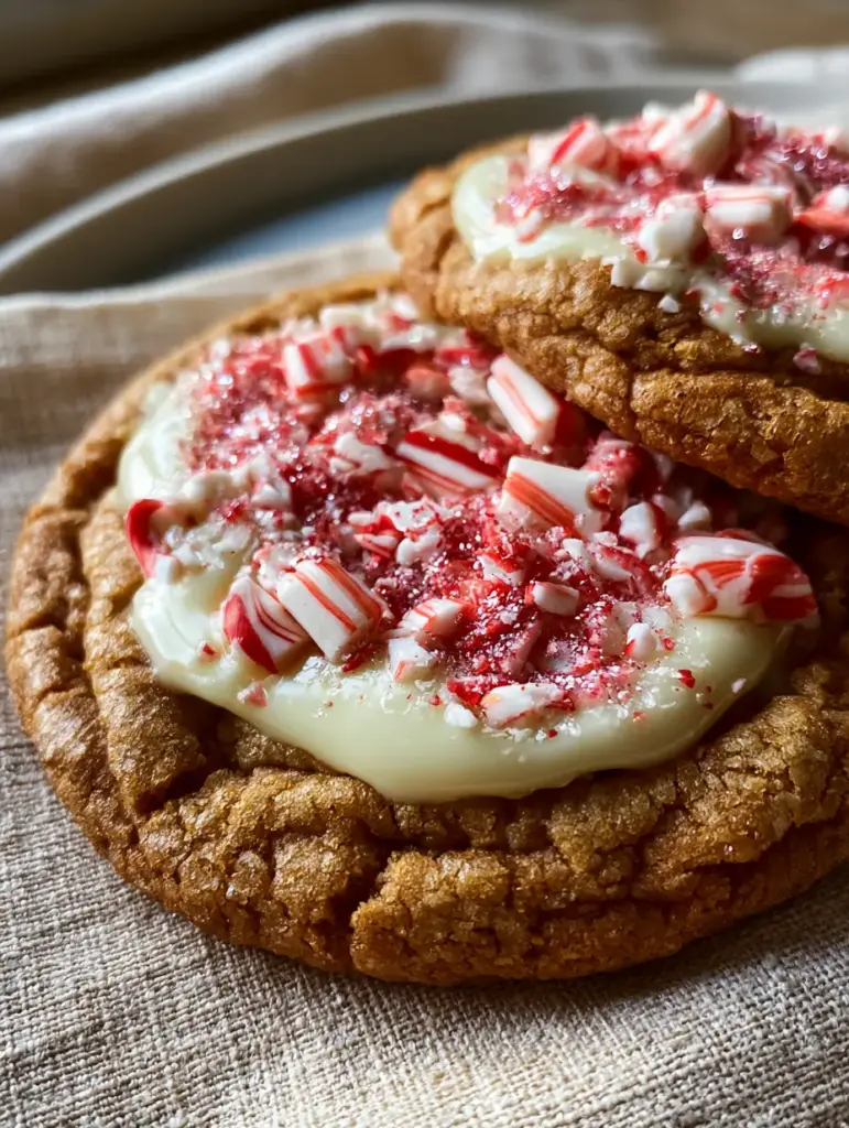 White Chocolate Candy Cane Cookies with Soft-Baked Peppermint Shards 1 Gooey white chocolate pull from a freshly baked White Chocolate Candy Cane Cookie.