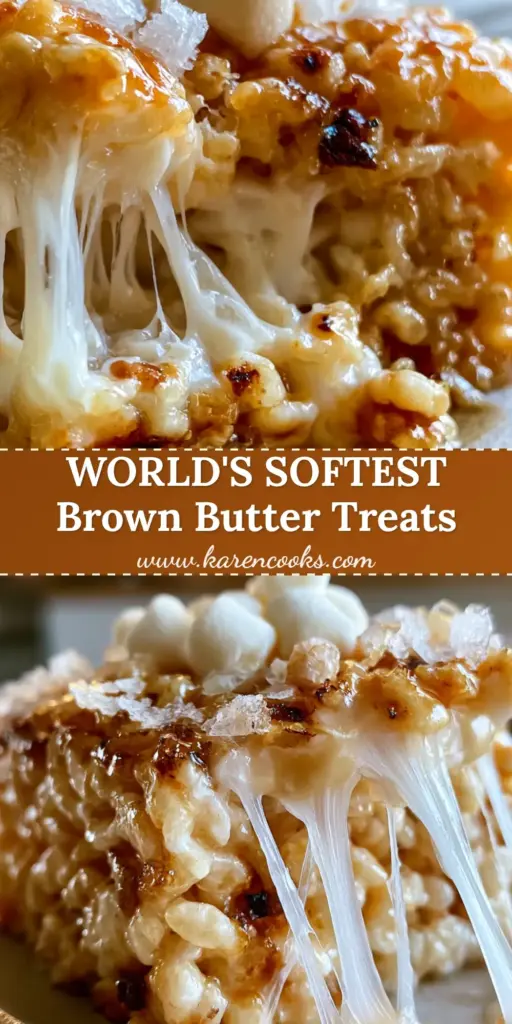 A thick, gourmet rice krispy treat being pulled apart with visible marshmallow strings and sea salt garnish.
