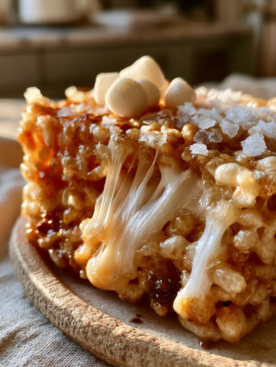 Ultra-macro photo of a thick rice krispy treat showing golden-toasted cereal and amber-flecked brown butter glaze.