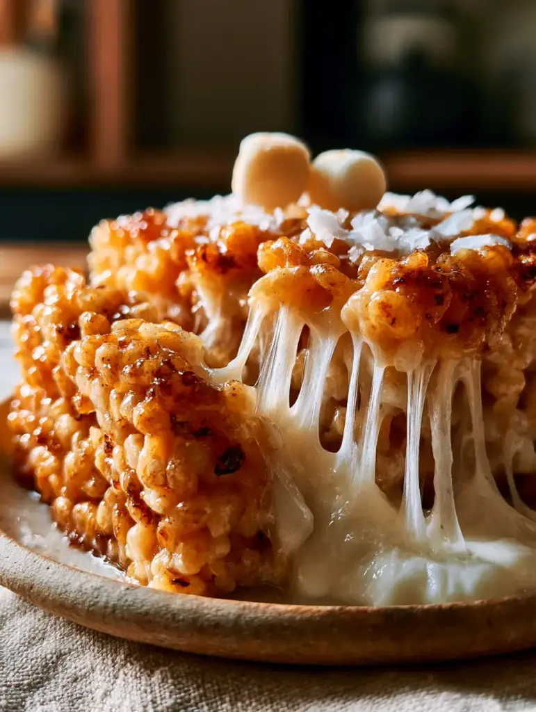 Close-up of rice krispy treats on a rustic plate with glistening translucent marshmallow strings.