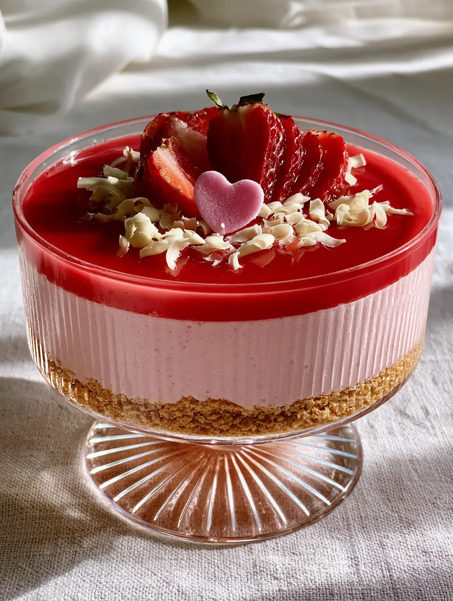 Valentine's Treats: No-Bake Strawberry Cream Cheese Mousse Coupes 3 Close up of Valentine's treats showing the texture of the graham cracker crust and fluffy pink mousse layers.