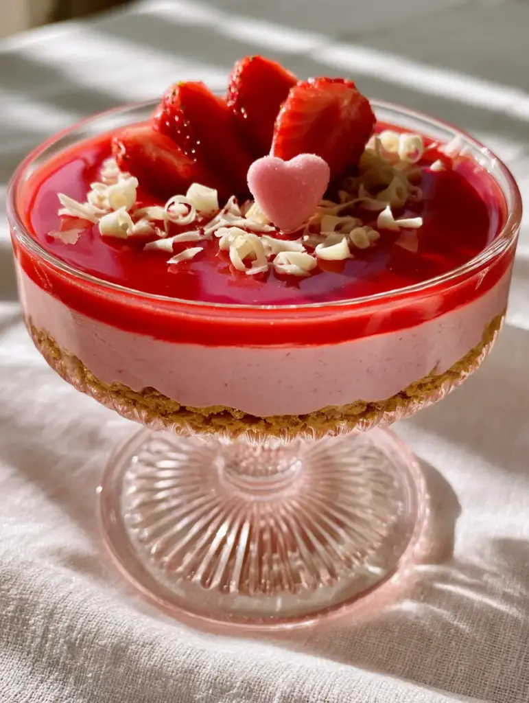 Valentine's Treats: No-Bake Strawberry Cream Cheese Mousse Coupes 1 Top view of Valentine's treats with glossy red glaze, white chocolate curls, and a pink sugar heart garnish.