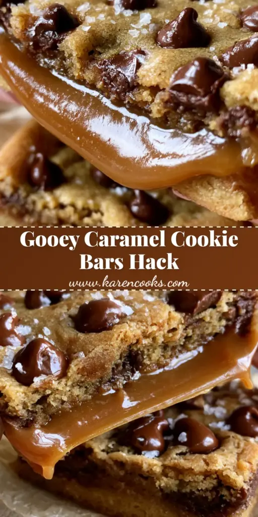Caramel Filled Chocolate Chip Cookie Bars: The Ultimate Gooey Salted Treat 4 A close-up of a caramel filled chocolate chip cookie bar being pulled apart, showing a dramatic caramel stretch and golden-brown crust.