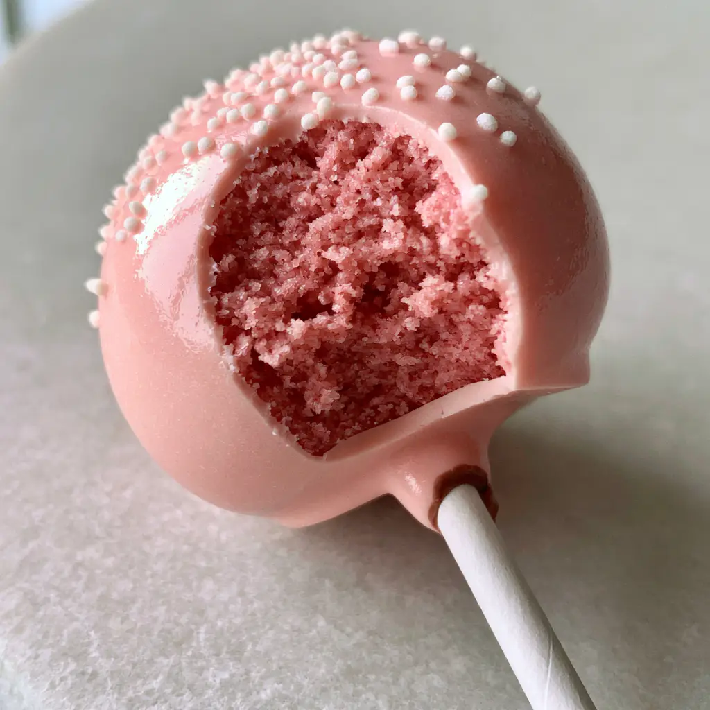The Ultimate Fudgy Starbucks-Style Cake Pop Recipe: A Professional Guide to Glossy Pink Perfection 2 A macro photo of a pink cake pop with a bite taken out, revealing a dense, fudgy pink interior. (Cake Pop Recipe)