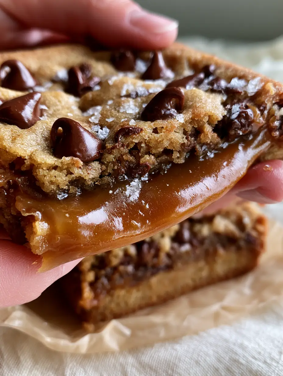 Caramel Filled Chocolate Chip Cookie Bars: The Ultimate Gooey Salted Treat 3 Thick caramel filled chocolate chip cookie bars with a soft-baked top and glossy melted chips on crumpled parchment. (caramel filled chocolate chip cookie bars)