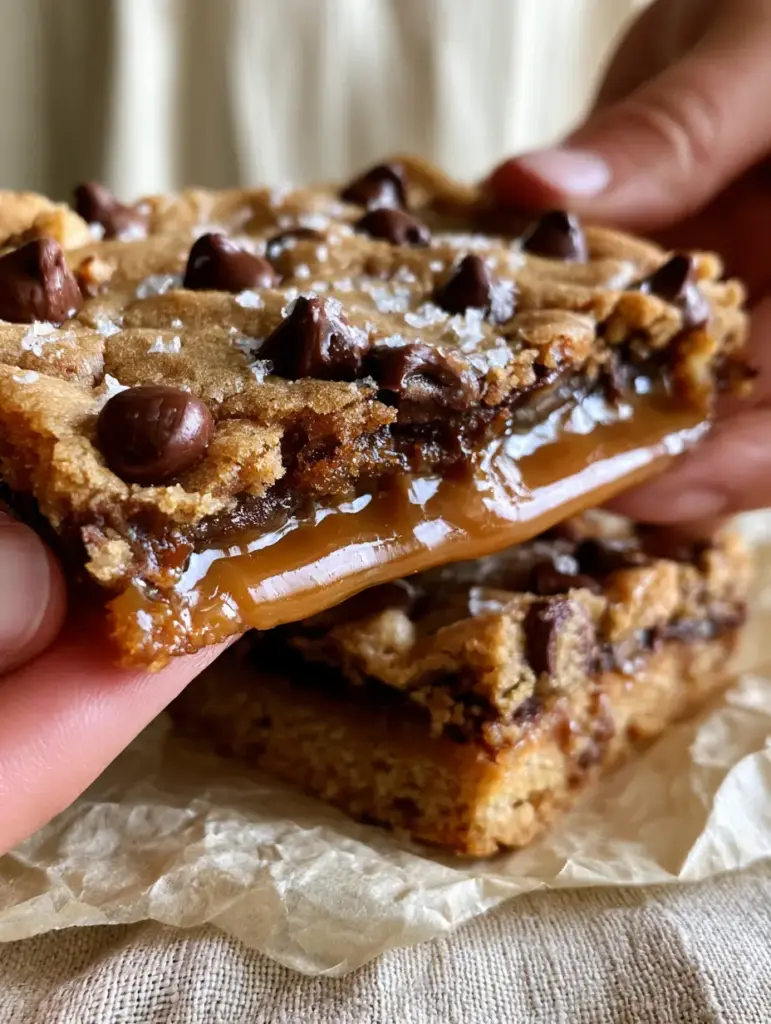 Caramel Filled Chocolate Chip Cookie Bars: The Ultimate Gooey Salted Treat 1 Close-up of salted caramel chocolate chip cookie bars showing the moist chewy base and flaky sea salt topping.