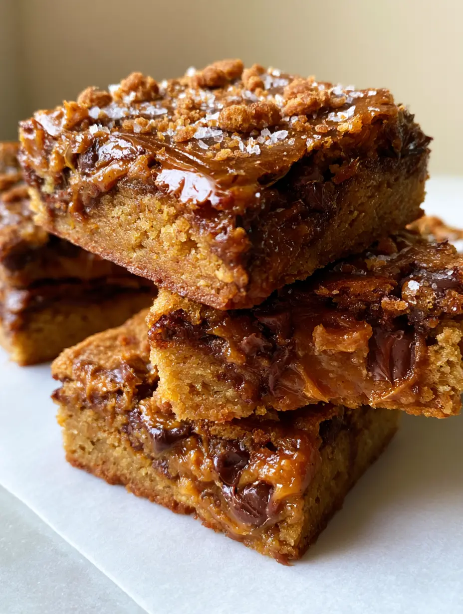 A handheld smartphone photo of dense, golden-brown chocolate chip cookie butter bars with a crackly top and crushed Biscoff cookies.