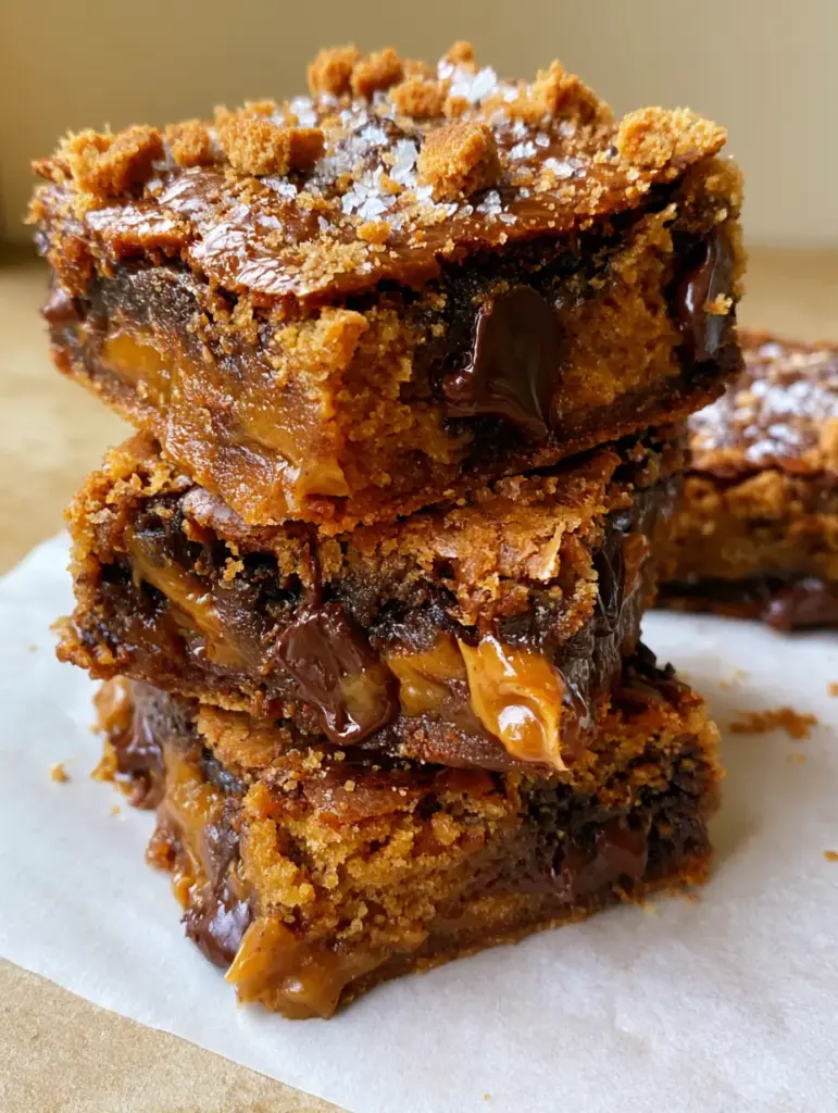 Close up of one bar broken open to reveal a warm, soft, oozing center with speculoos cookie butter swirls and dark chocolate.