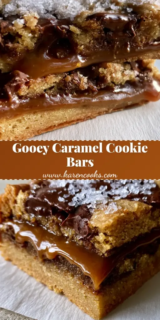 A handheld close-up of sliced chocolate chip caramel cookie bars showing a thick gooey caramel interior and dark chocolate pools.