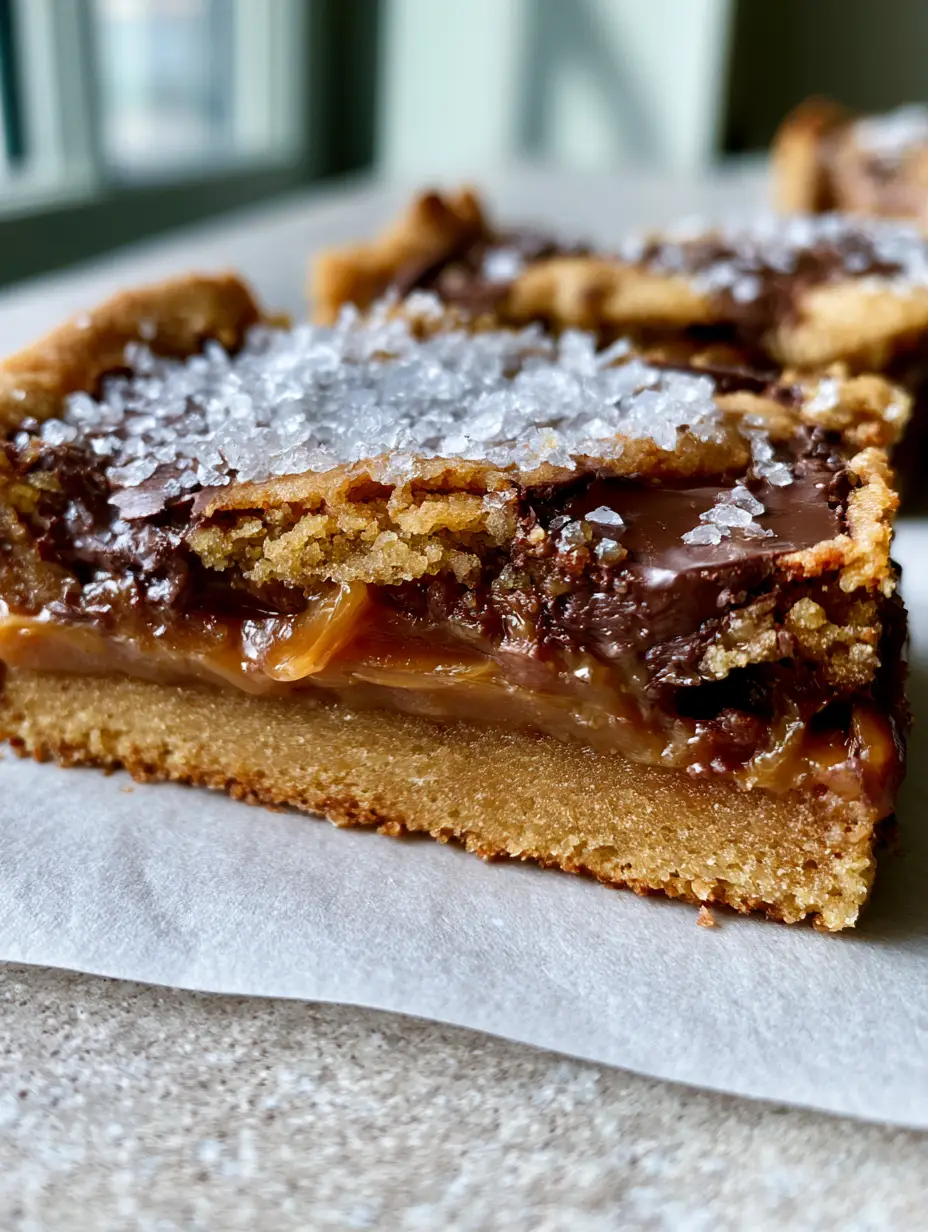 Thick chocolate chip caramel cookie bars with amber caramel stretching between two halves on white parchment paper.