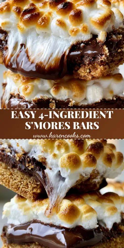 A stack of two S'mores Cookie Bars with a deep graham crust, glossy melted chocolate, and toasted charred marshmallows. (S'mores Cookie Bars)