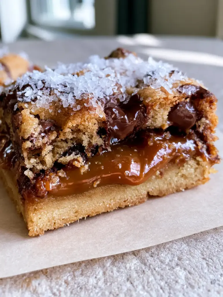 Close-up of the top crust of chocolate chip caramel cookie bars with glistening dark chocolate pools and sea salt flakes.