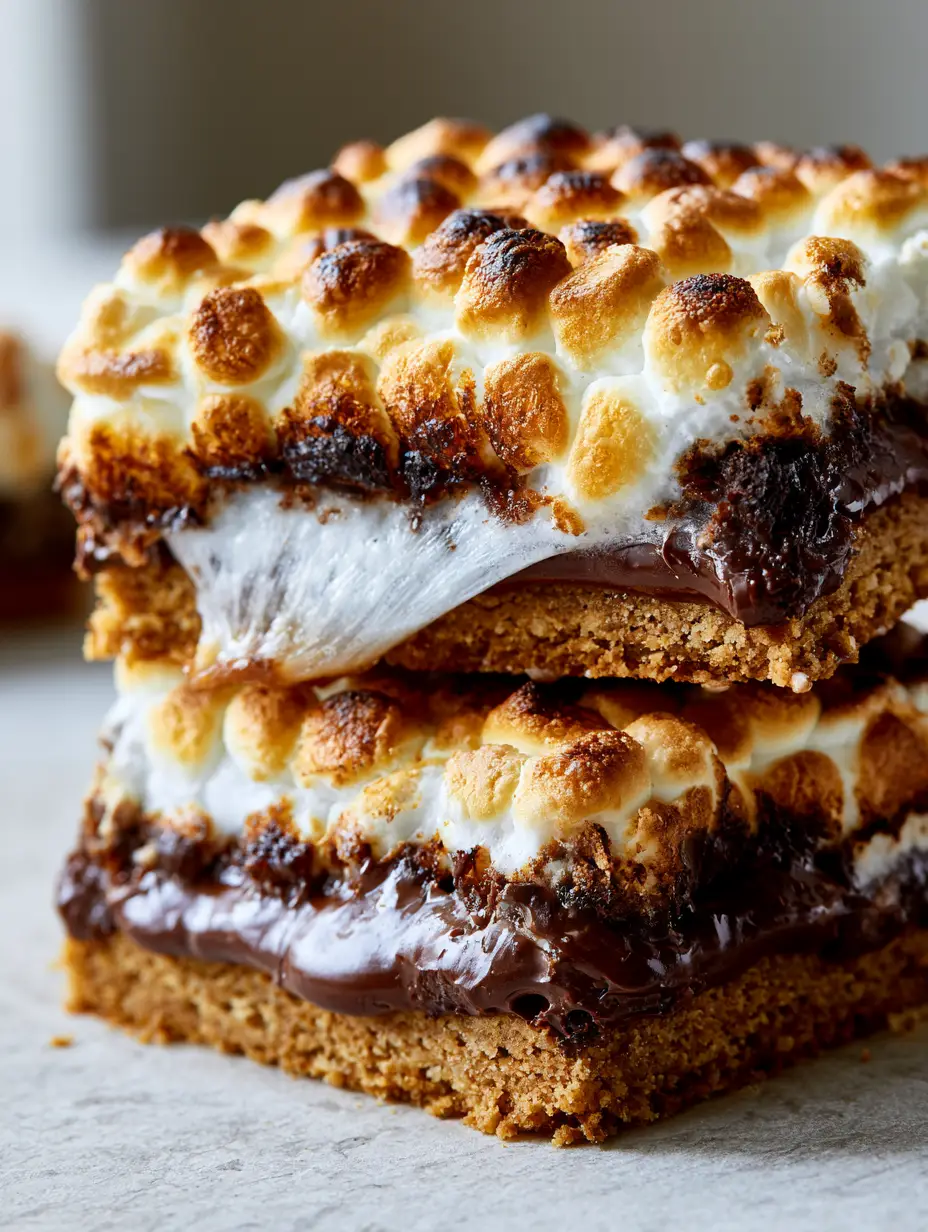 Eye-level close-up of S'mores Cookie Bars showing the buttery graham cracker crust and overflowing glossy dark chocolate middle. (S'mores Cookie Bars)