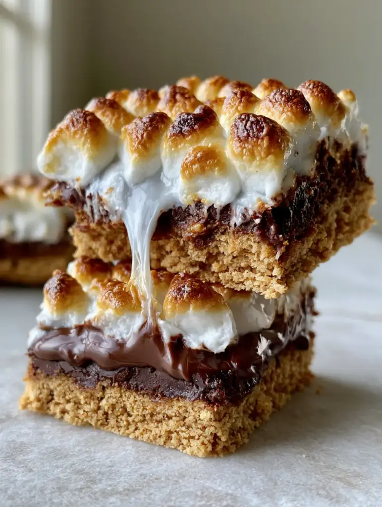 A close-up of a s'mores cookie bar being lifted to show a thick, translucent marshmallow pull connecting toasted layers.