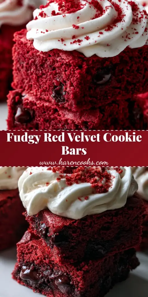 Red Velvet Cookie Bars with Fudgy Dark Chocolate and Whipped Cream Cheese 4 A close-up vertical shot of thick red velvet cookie bars with white cream cheese frosting swirls and red crumbs. (red velvet cookie bars)