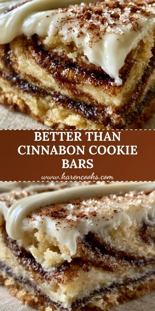 A stack of thick-cut Cinnamon Roll Cookie Bars with dark cinnamon swirls and glossy cream cheese frosting ribbons. (Cinnamon Roll Cookie Bars)