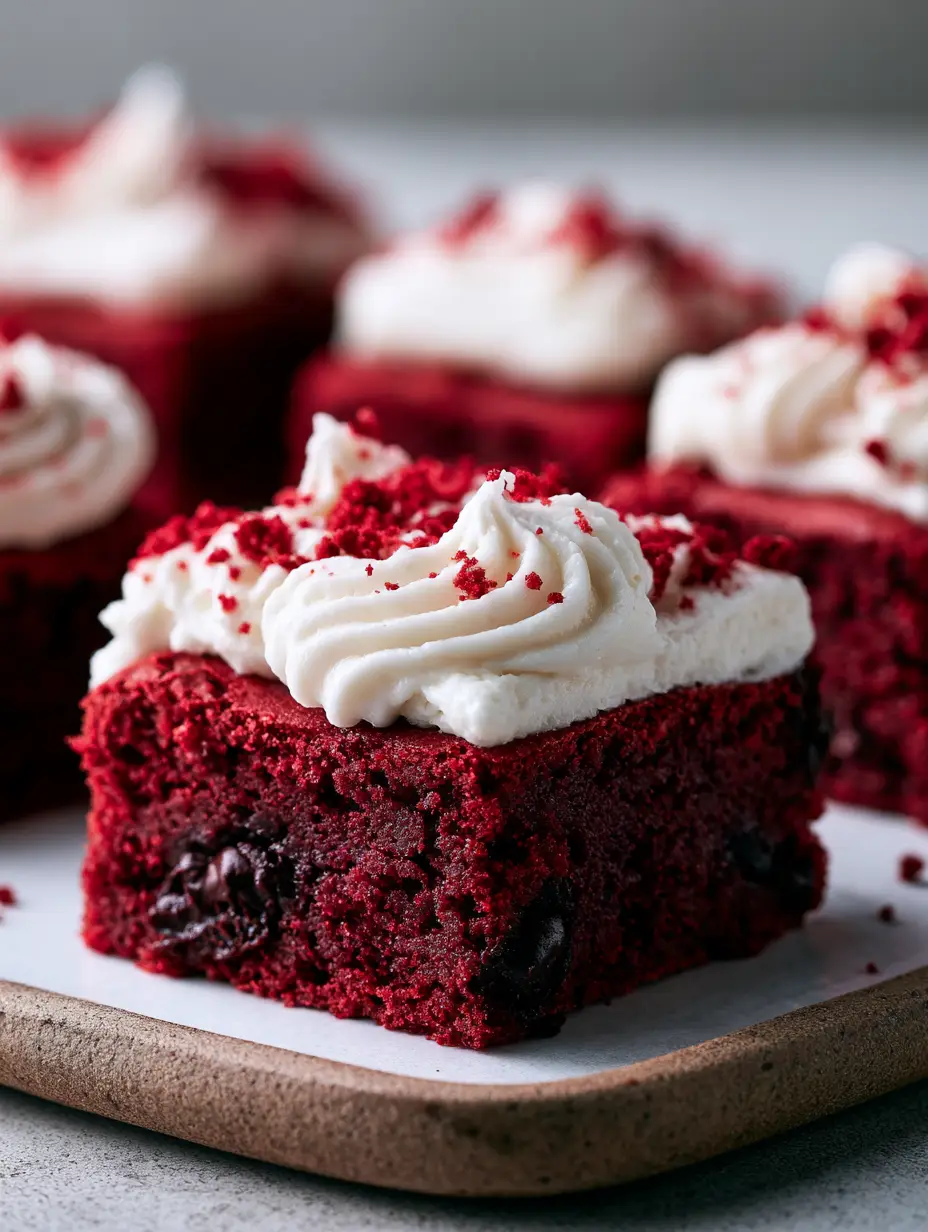 Red Velvet Cookie Bars with Fudgy Dark Chocolate and Whipped Cream Cheese 3 A handheld smartphone photo showing the texture of thick, fudgy red velvet cookie bars with melted dark chocolate chips. (red velvet cookie bars)