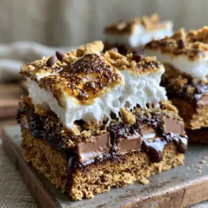 Macro shot of Chocolate Marshmallow Cookie Bars showing the golden graham cracker crust and oozing dark chocolate fudge.