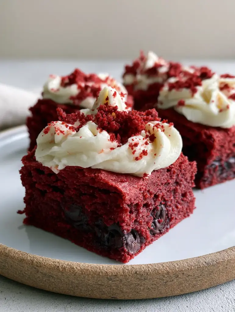 Red Velvet Cookie Bars with Fudgy Dark Chocolate and Whipped Cream Cheese 1 Top-down view of red velvet cookie bars on a rustic ceramic plate with soft natural lighting.