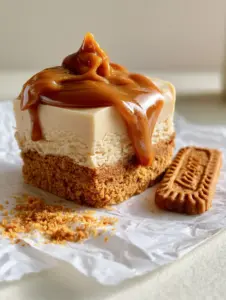 A 45-degree angle shot of perfectly sliced cookie butter bars showing the dual-layer crust and fudge.