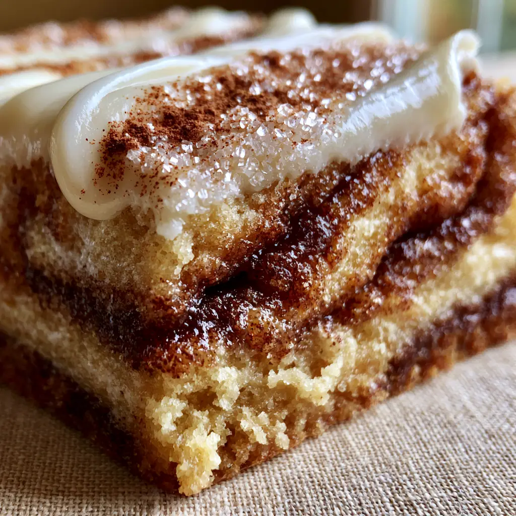 Side profile of a Cinnamon Roll Cookie Bar revealing distinct layers of golden blonde dough and dark caramelized cinnamon filling. (Cinnamon Roll Cookie Bars)