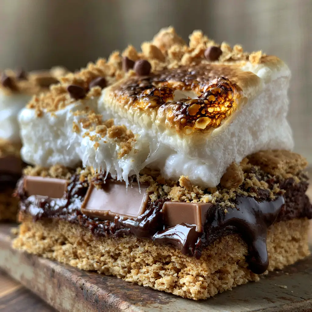 Chocolate Marshmallow Cookie Bars: The Ultimate Gooey S'mores Treat 1 Tight angle of Chocolate Marshmallow Cookie Bars with caramelized, blistered marshmallows and melted chocolate chunks.