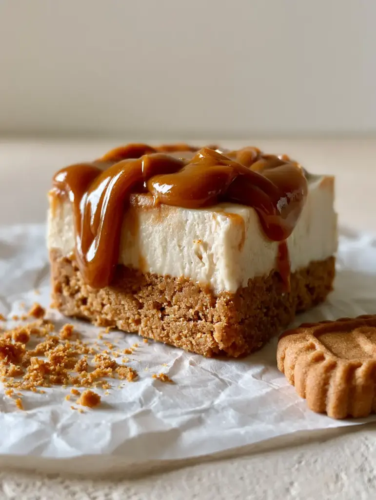 Close up of the glossy caramelized cookie butter bars drizzle oozing down the side of the dessert.