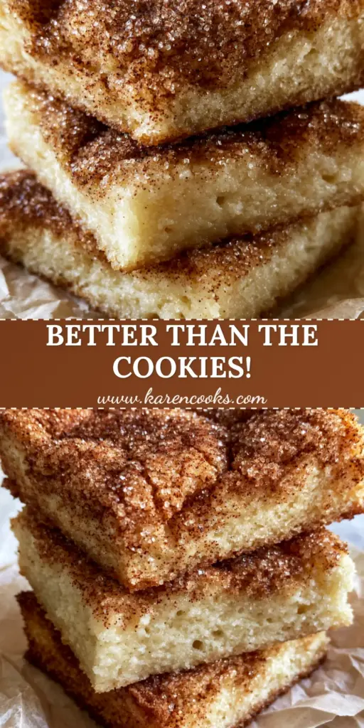 A stack of three thick snickerdoodle cookie bars with a crackled cinnamon sugar topping on brown parchment paper.