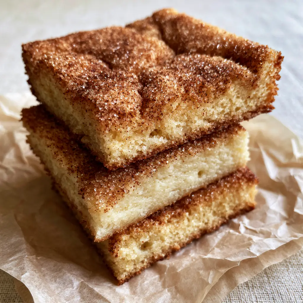 Close up of sparkling granulated sugar crystals on the crackled golden-tan crust of snickerdoodle cookie bars.
