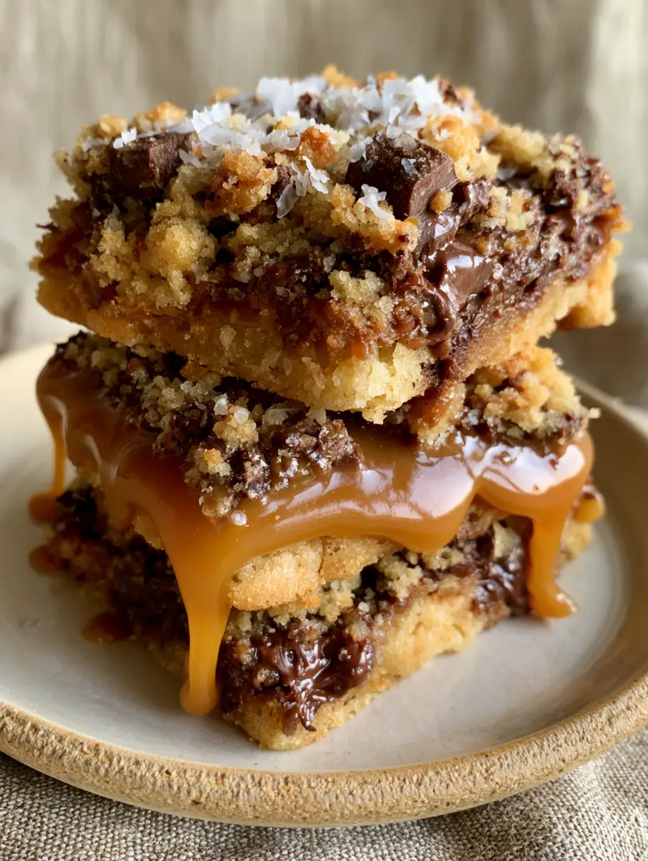 Close up of the chewy golden-brown cookie base and oozing amber caramel in these salted caramel chocolate chip cookie bars. (salted caramel chocolate chip cookie bars)