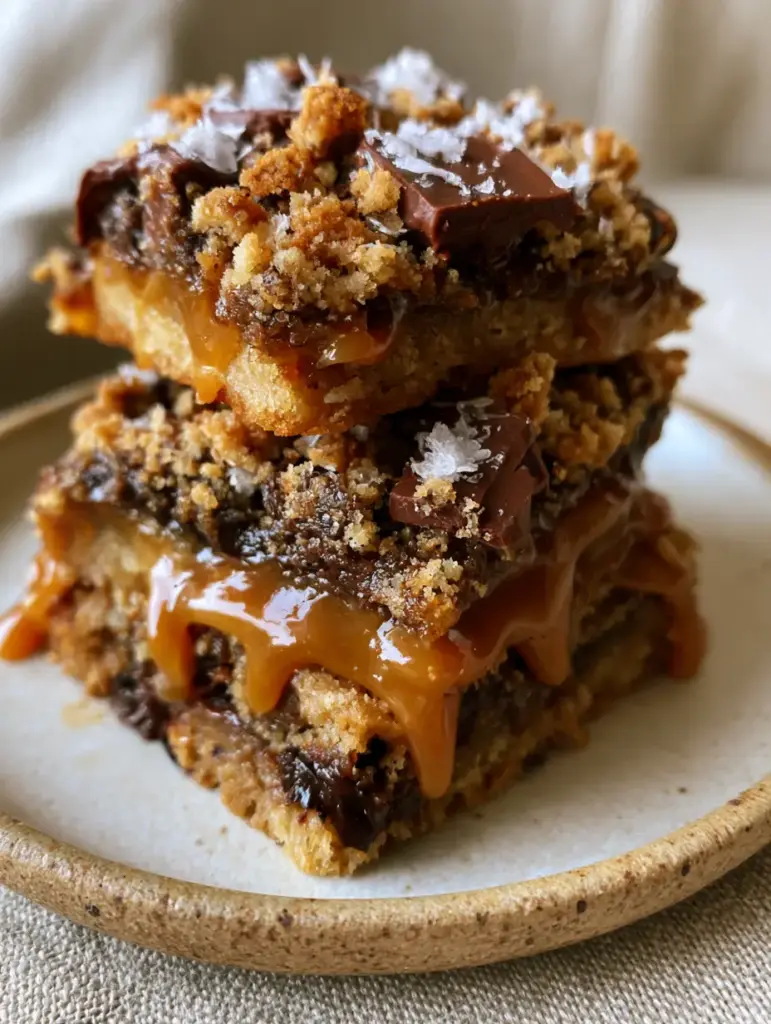 Overhead view of crispy cookie crumbs and melted dark chocolate pools on salted caramel chocolate chip cookie bars.