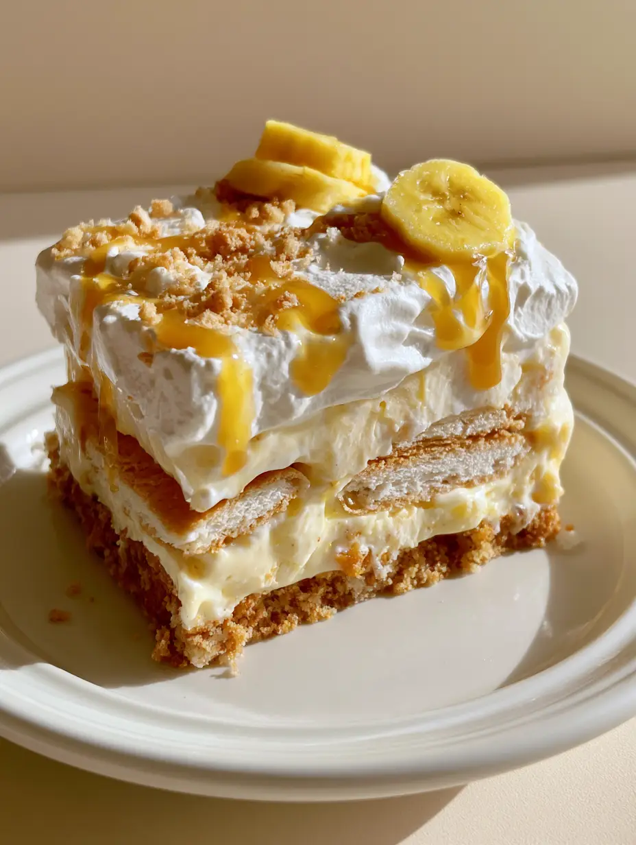 Eye-level shot of a banana pudding ice cream cake slice with golden caramel sauce drizzle and fresh bananas.