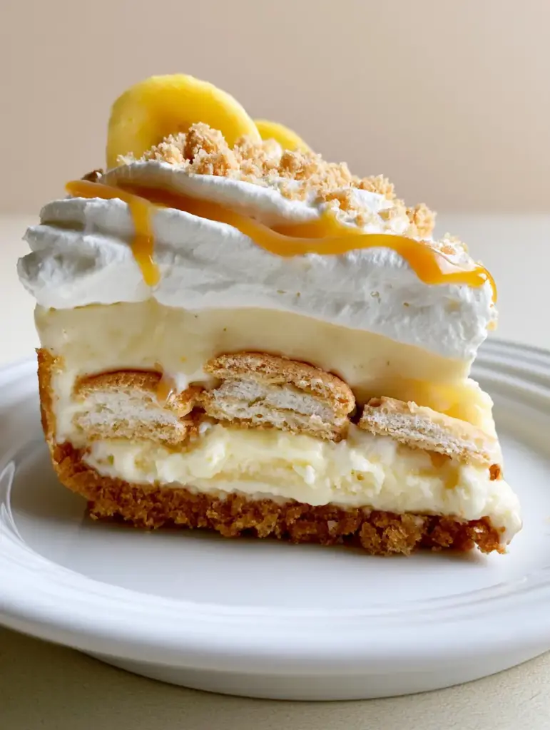 Side view of the layers in a banana pudding ice cream cake featuring whole wafers and whipped cream.