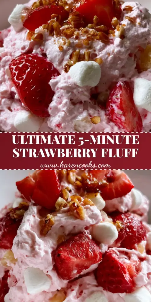 Strawberry Fluff Salad with Honey-Glazed Pecans and Pineapple 4 A close-up of a lush Strawberry Fluff Salad in a white ceramic bowl, showing the aerated pink mousse, fresh strawberries, and honey-glazed pecans.