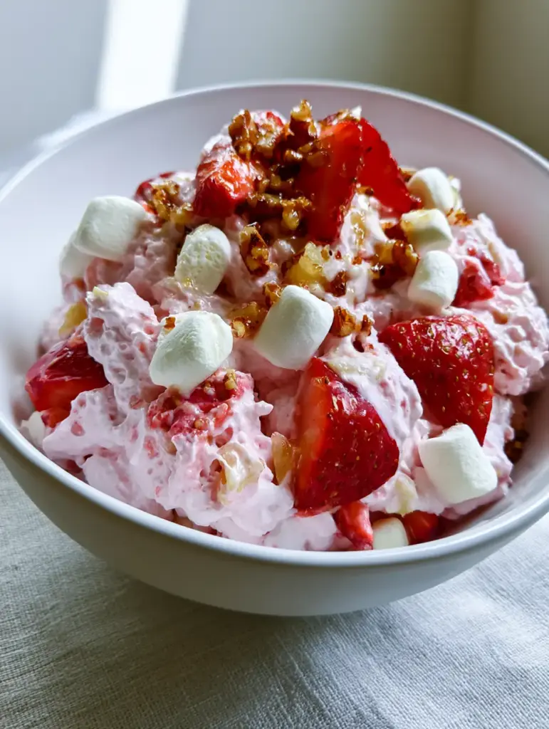 Strawberry Fluff Salad with Honey-Glazed Pecans and Pineapple 2 High-angle shot of a Strawberry Fluff Salad highlighting the aerated texture and vibrant red strawberry chunks.