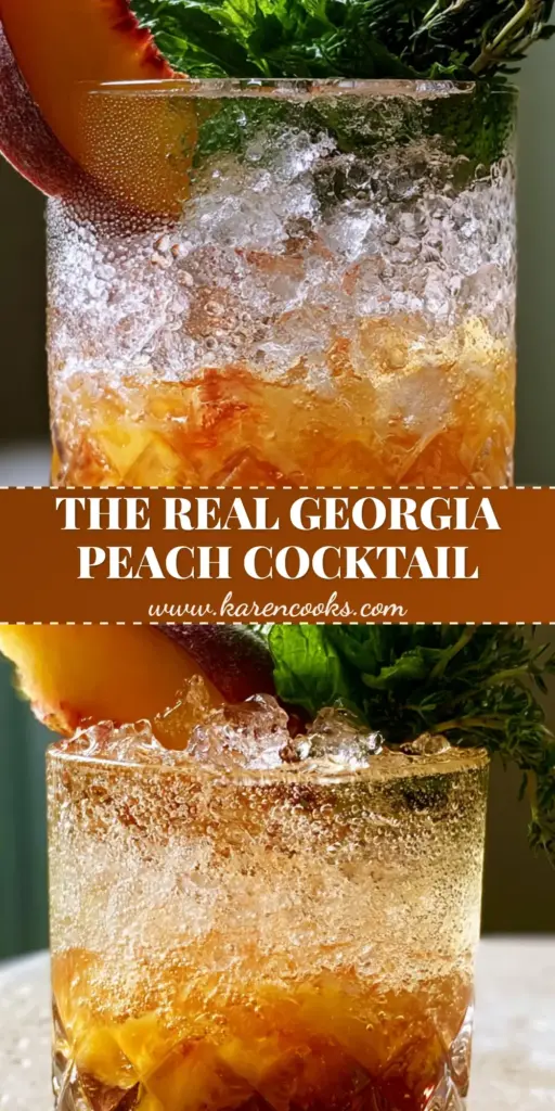A close-up handheld photo of a Georgia Peach cocktail in a crystal tumbler with crushed ice, mint, and a peach wedge garnish.