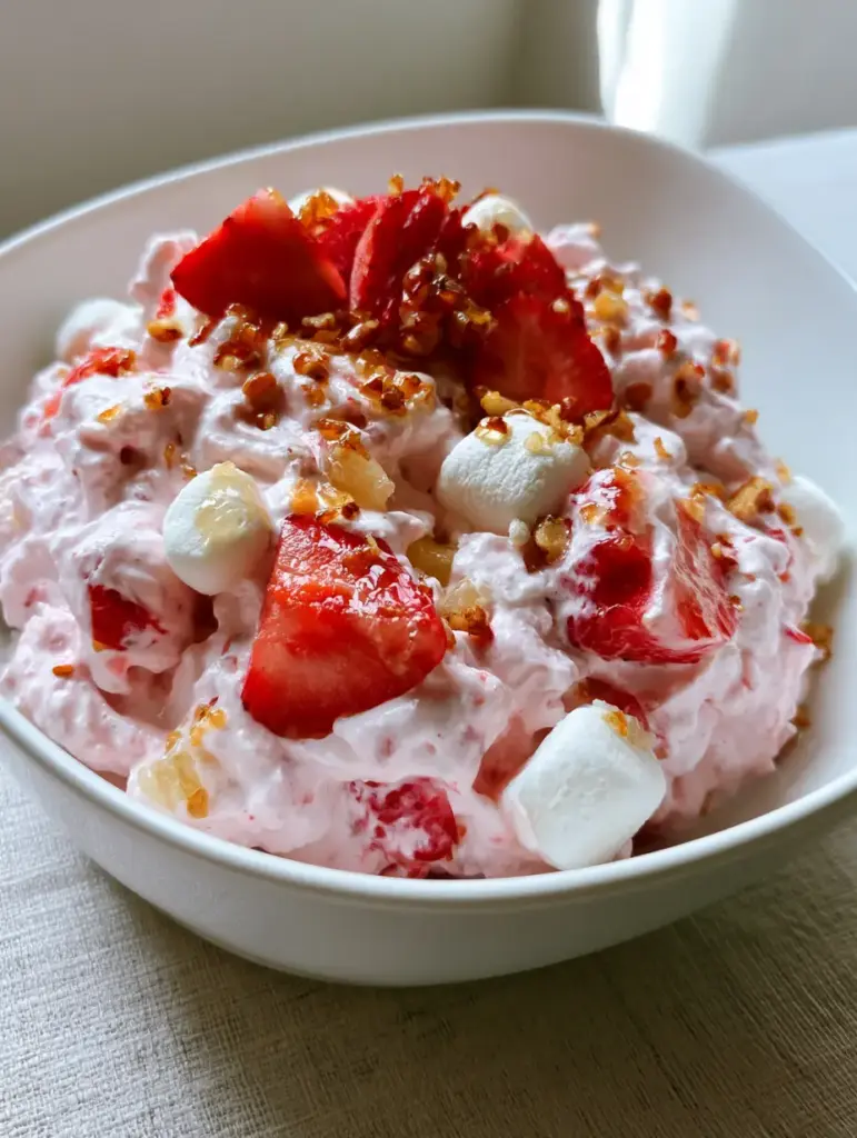 Strawberry Fluff Salad with Honey-Glazed Pecans and Pineapple 1 Strawberry Fluff Salad garnished with sliced strawberries and toasted glazed pecans on a linen tablecloth.