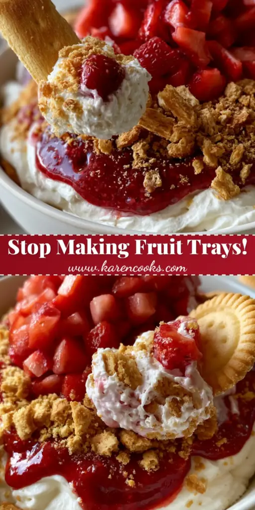 Strawberry Shortcake Dip: The Ultimate Creamy 15-Minute No-Bake Dessert 4 A top-down view of Strawberry Shortcake Dip in a ceramic bowl, featuring layers of whipped cream, toasted graham cracker crumbs, glossy red puree, and diced strawberries with vanilla wafers for dipping.