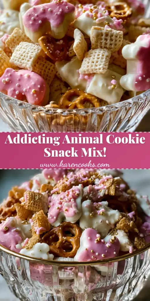 A close-up vertical shot of Animal Cookie Snack Mix with pink and white frosted cookies, gold pearls, and glistening white chocolate Chex.