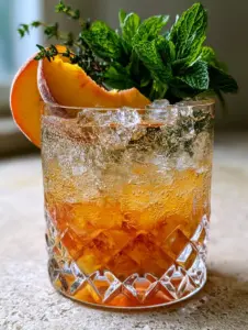 Macro photo of pulpy muddled peaches and amber bourbon in a textured glass. (Georgia Peach cocktail)