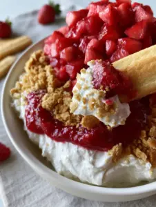 A close-up eye-level photo of Strawberry Shortcake Dip with a vanilla wafer scooping up the thick, velvety whipped cream cheese base and toasted crumbs.