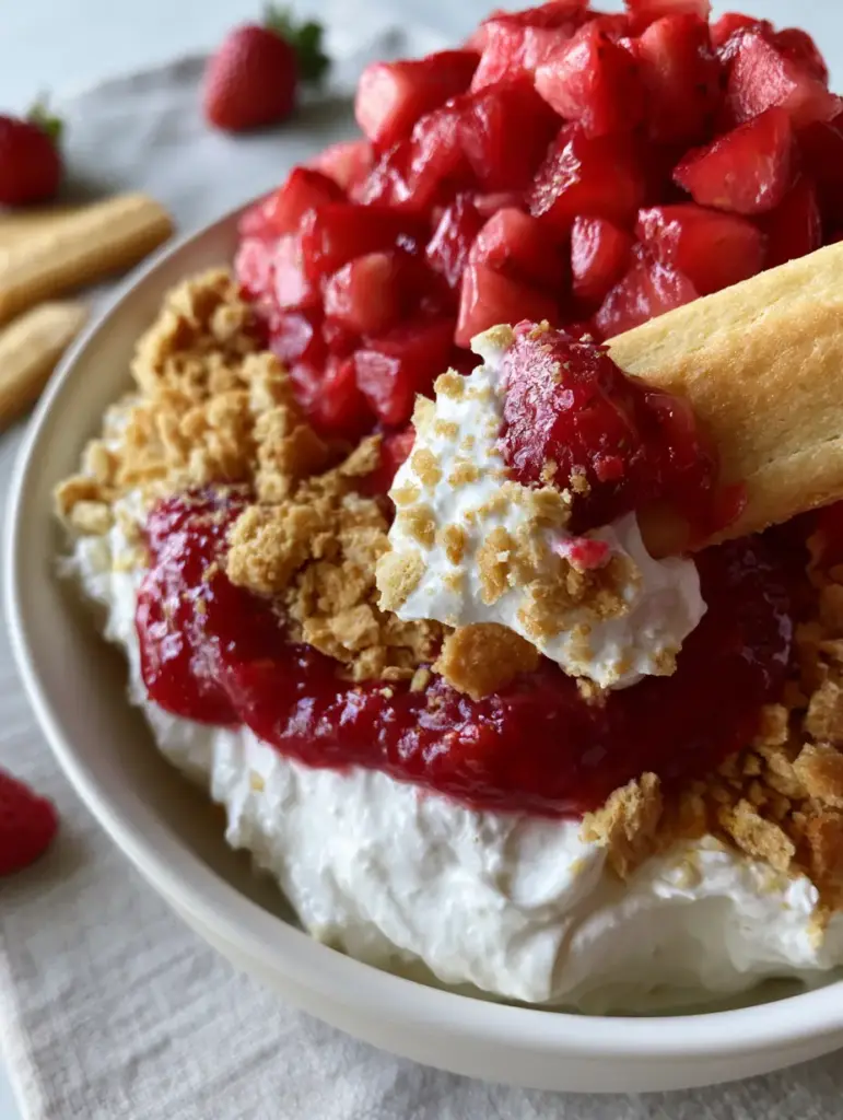 Strawberry Shortcake Dip: The Ultimate Creamy 15-Minute No-Bake Dessert 2 A close-up eye-level photo of Strawberry Shortcake Dip with a vanilla wafer scooping up the thick, velvety whipped cream cheese base and toasted crumbs.