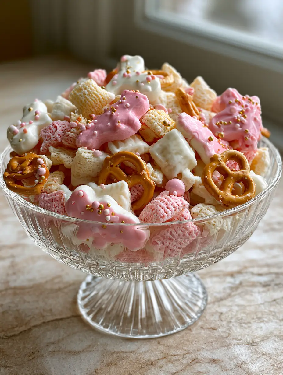 Handheld smartphone photo of Animal Cookie Snack Mix overflowing a clear fluted glass bowl on a marble counter.